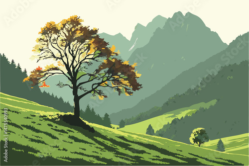 20 detailed mountain landscape, lush green field, lone tree in field, autumn foliage, radiant lighting, cinematic scenic, highly detailed, ultra high definition, photorealistic