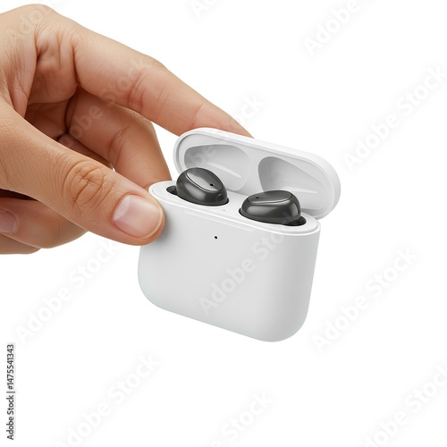 Blank wireless earbuds mockup in hand, isolated on white background. Digital audio tech template for music, podcast, or gadget branding visuals. photo