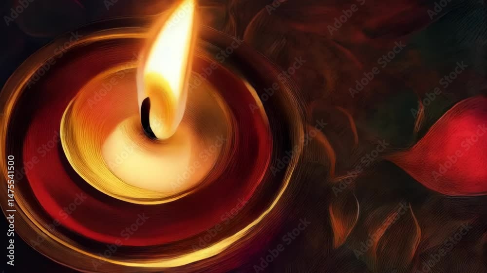 Glowing candlelight in small round bowls, set amidst red floral pattern artwork, casting warm light and creating a serene, peaceful atmosphere.