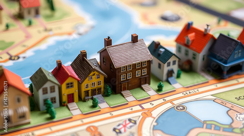Close-up of miniature houses on a board game