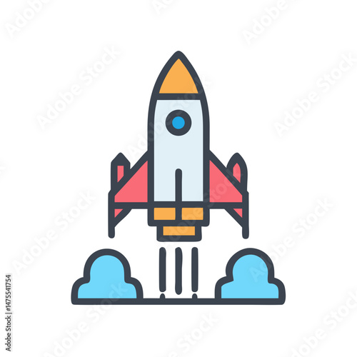Rocket launch icon, spaceship start up, exploration, cartoon