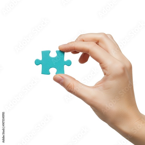 Blank hand holding jigsaw puzzle piece mockup, isolated on white background. Problem-solving and logic design for strategy, teamwork, or mental challenge visuals. photo