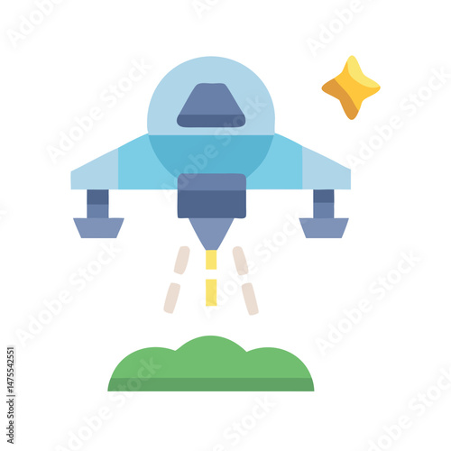 Retro UFO Hovering over Green Patch with Star