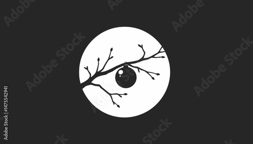 A white circle with a silhouette of a branch on a black background