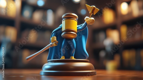 A 3D caricature of a judges gavel transforming into a superhero, ready to dispense justice