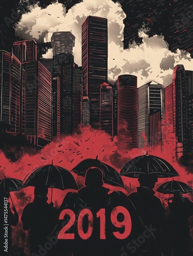 Crowds holding umbrellas stand against a backdrop of towering skyscrapers shrouded in smoke and red hues, representing a moment of dissent and unity in an urban space during 2019.