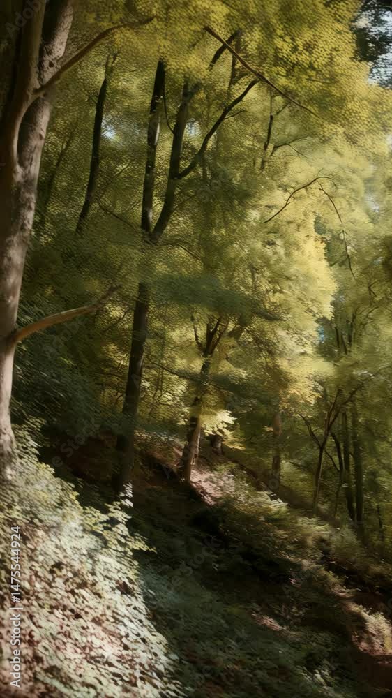 Tranquil deciduous forest on hillside with soft light filtering through green canopy of leaves and trunks creating serene atmosphere. Tranquil deciduous forest on hillside with soft light filtering through green canopy of leaves and trunks creating serene atmosphere.