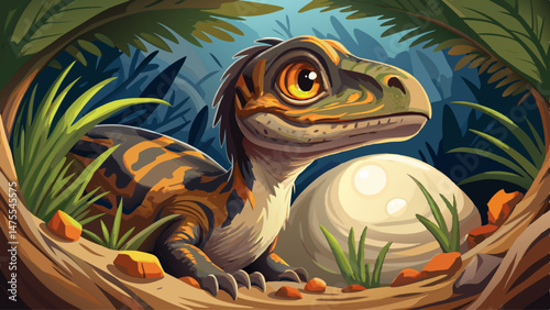  portrait  close up A baby velociraptor hatching from a prehistoric egg Very beautiful