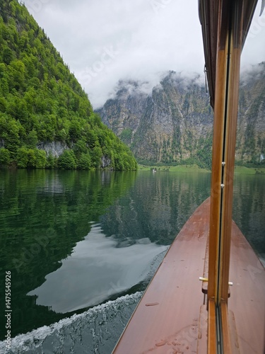 Ferry ride on Lake Koenigssee, surrounded by steep Bavarian mountains.  photo