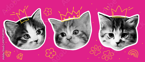 Royal family kittens contemporary collage. Halftone effect pets banner with naive doodle decoration.
