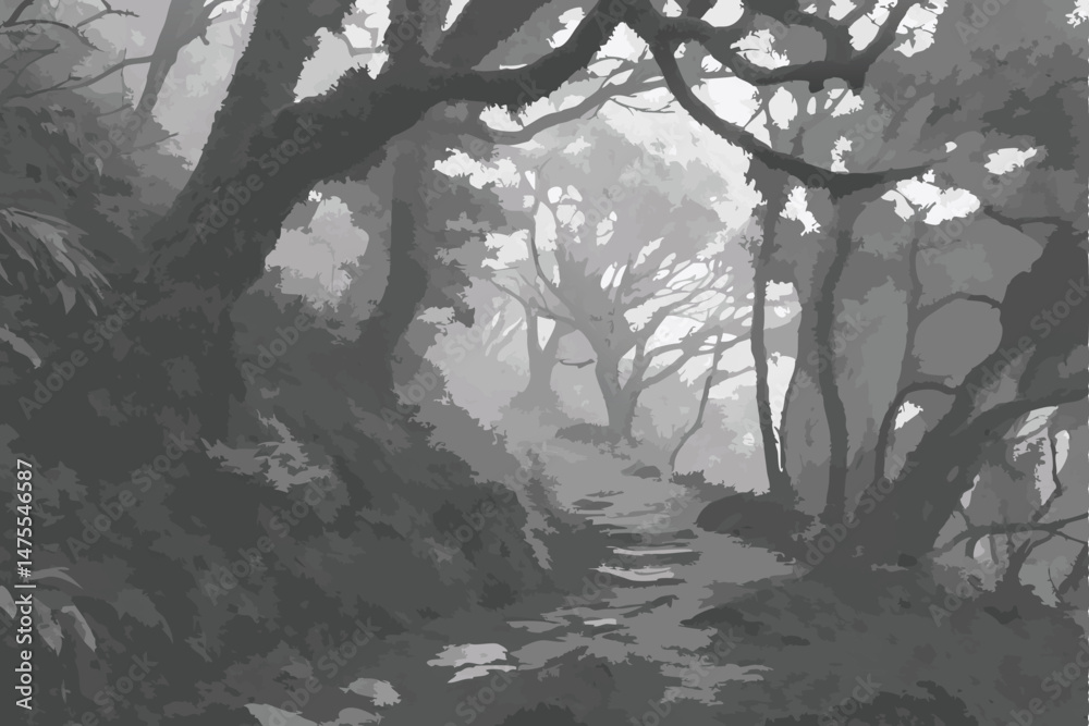 Fototapeta premium 21 fantasy forest path, overgrown trail, moss covered trees, magical woodland, sunbeams in foggy mist, whimsical landscape, cinematic lighting, detailed atmospheric environment, highly detailed, digit