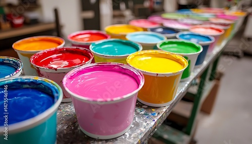 Buckets liquid paint arranged neatly in a workshop, with vibrant colors ready to bring creativity to life in an artistic space