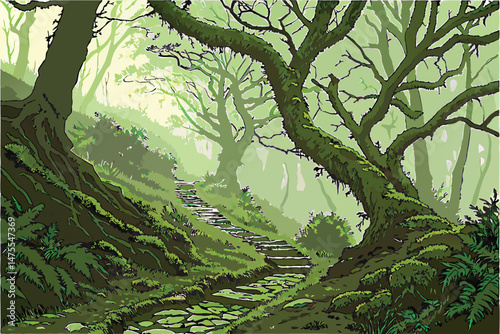 21 fantasy forest path, overgrown trail, moss covered trees, magical woodland, sunbeams in foggy mist, whimsical landscape, cinematic lighting, detailed atmospheric environment, highly detailed, digit