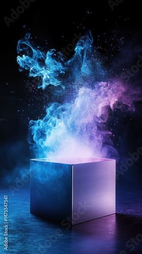 Mystery box reveals glowing mist with enchanting blue and purple hues Generative AI