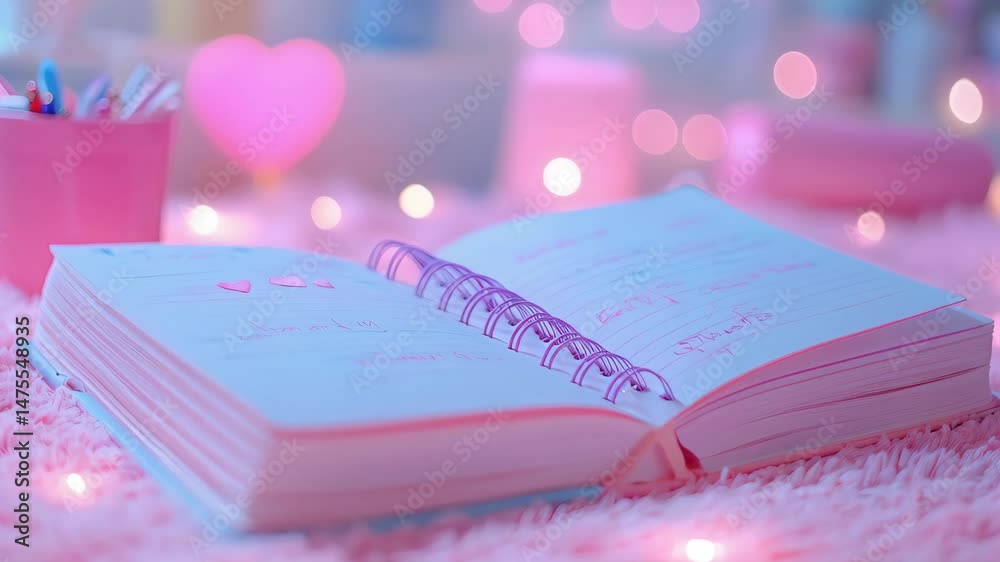 A pastel pink open notebook with a spiral binding, surrounded by soft textures and warm bokeh lights in the background.