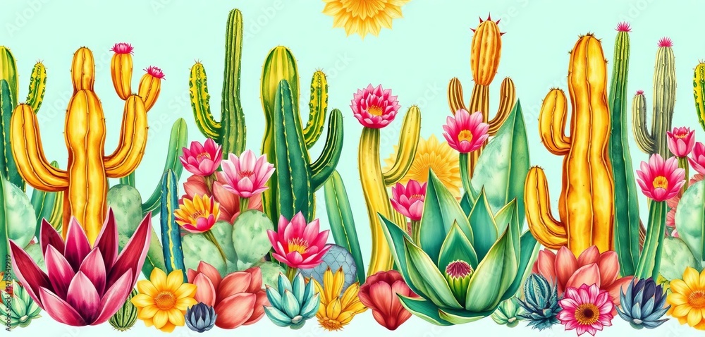 Vibrant vector seamless pattern featuring hand-drawn cacti and nopales in a Mexican style, art, bright Vibrant vector seamless pattern featuring hand-drawn cacti and nopales in a Mexican style, art, bright
