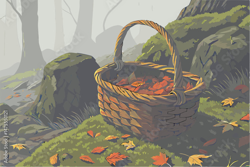 22 handwoven wicker basket, fallen autumn leaves, vibrant orange leaf, mossy rocks, natural decay, ethereal lighting, soft focus, detailed photorealistic, cinematic, 4k, high resolution