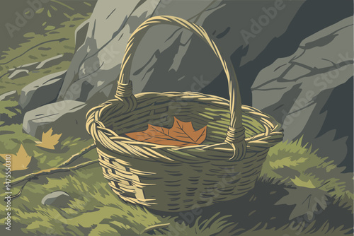 22 handwoven wicker basket, fallen autumn leaves, vibrant orange leaf, mossy rocks, natural decay, ethereal lighting, soft focus, detailed photorealistic, cinematic, 4k, high resolution