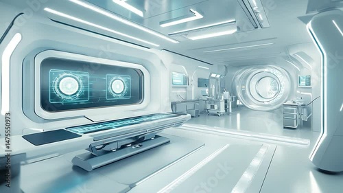 Futuristic medical examination room with advanced technology and bright illumination
