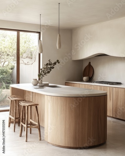 Modern, minimalist kitchen island with curved wood cabinetry.