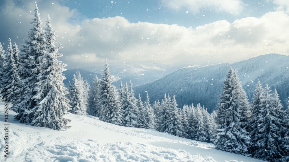 Naklejka premium Snowy mountain range landscape under a bright sky.