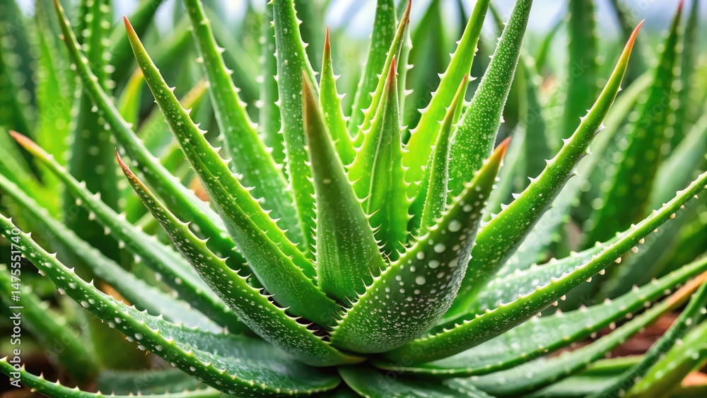 Close up view of a vibrant green aloe vera plant with spiky leaves Close up view of a vibrant green aloe vera plant with spiky leaves