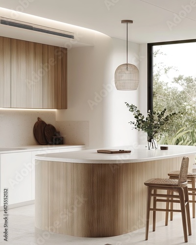 Modern kitchen island with light-toned wood cabinets.