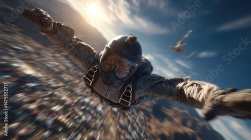 Skydiver in Freefall Above a Stunning Sunset Landscape
