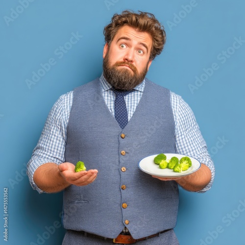 Man perplexed by small serving of broccoli on plate