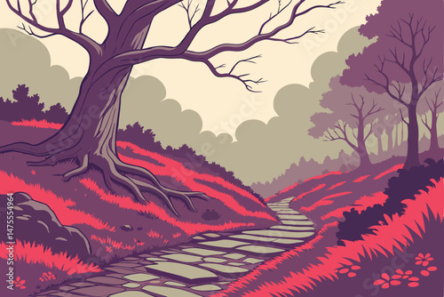 26 detailed fantasy forest pathway, lush red and purple landscape, dramatic cloudy sky, twisted tree with bare branches, mystical stone path, stunning colors, digital art, hyper realistic, cinematic, 