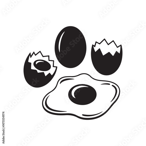 Black Vector Silhouettes of Eggs — Whole, Cracked, and Fried Egg Breakfast Clipart