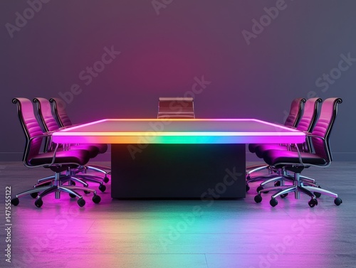 A modern conference room with a glowing LED-lit table and sleek black chairs in a vibrant, colorful ambiance.