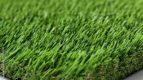 Close up shot of green synthetic grass fibers forming an artificial turf ground cover for landscaping or sports fields.