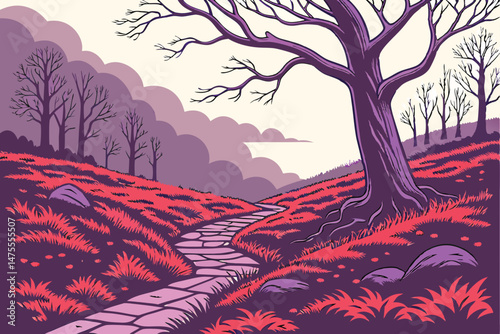 26 detailed fantasy forest pathway, lush red and purple landscape, dramatic cloudy sky, twisted tree with bare branches, mystical stone path, stunning colors, digital art, hyper realistic, cinematic, 