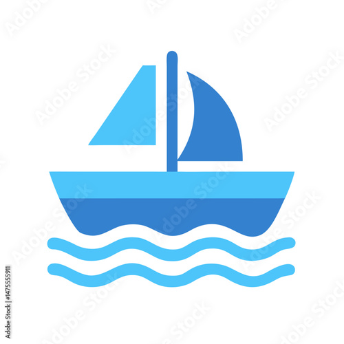 Simple blue sailboat icon floating on wavy ocean