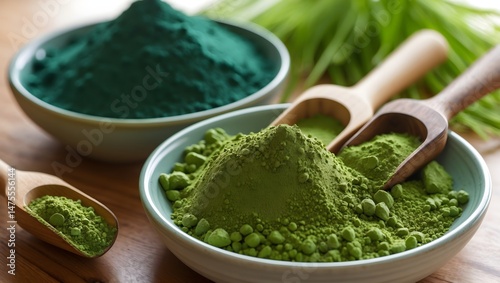Nutritious healthy superfoods ingredients green powder and spirulina for energy and immune boosting