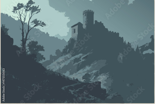27 medieval castle ruins on a foggy mountain, dramatic sky with clouds, epic moody landscape, cinematic lighting, highly detailed, photorealistic, 8k