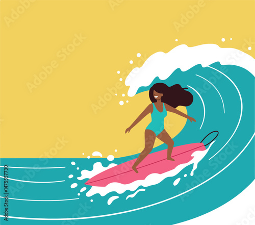 Woman surfing on blue wave with yellow sky background in summer vector illustration 