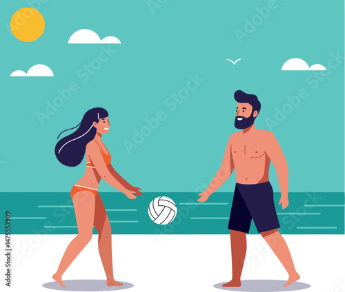 Beach volleyball couple playing by the sea under sunny sky vector illustration 