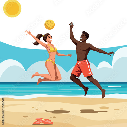 Beach volleyball game with woman and man jumping for ball on sunny summer day vector illustration 