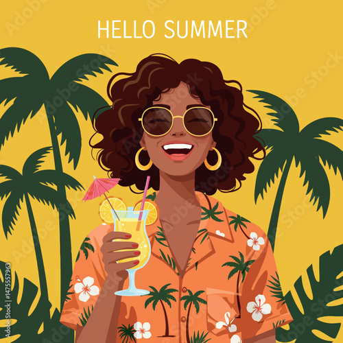 Woman enjoying summer cocktail with palm trees tropical theme and yellow background 