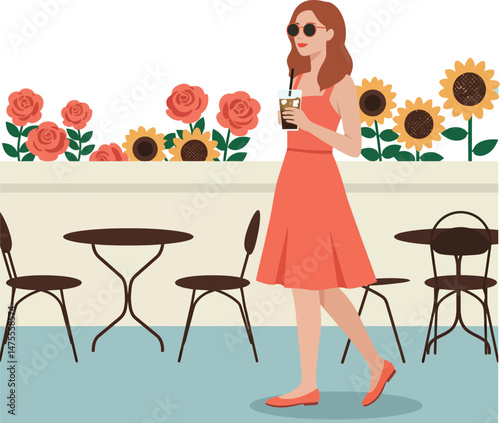 Woman in red dress walking with coffee by flower garden with sunflowers and roses vector illustration 