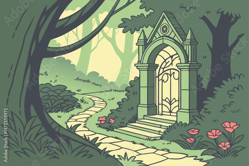 29 stained glass archway, lush green foliage, natural stone path, ornate architectural details, dappled sunlight, serene garden setting, enchanting and whimsical atmosphere
