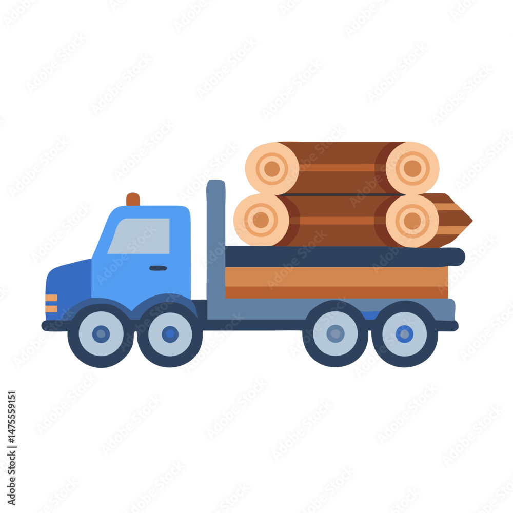 Naklejka premium Blue logging truck carrying logs, flat vector illustration