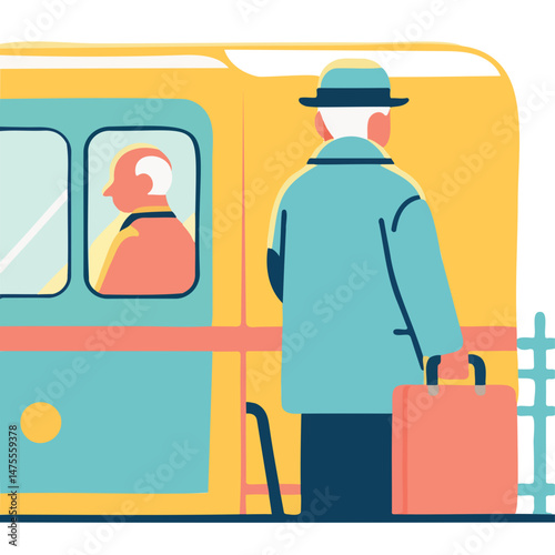 elderly man waiting at train station with suitcase  