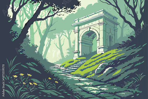 30 a path through a lush, mysterious forest leading to a majestic white stone arch, atmospheric lighting, vibrant colors, intricate details, cinematic, dramatic, highly detailed, 8k resolution