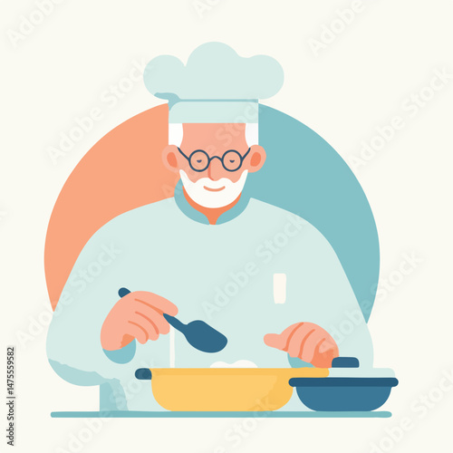 Elderly chef happily cooking a meal against a pastel background  