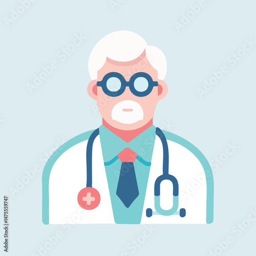 elderly doctor smiling with stethoscope against light blue background  