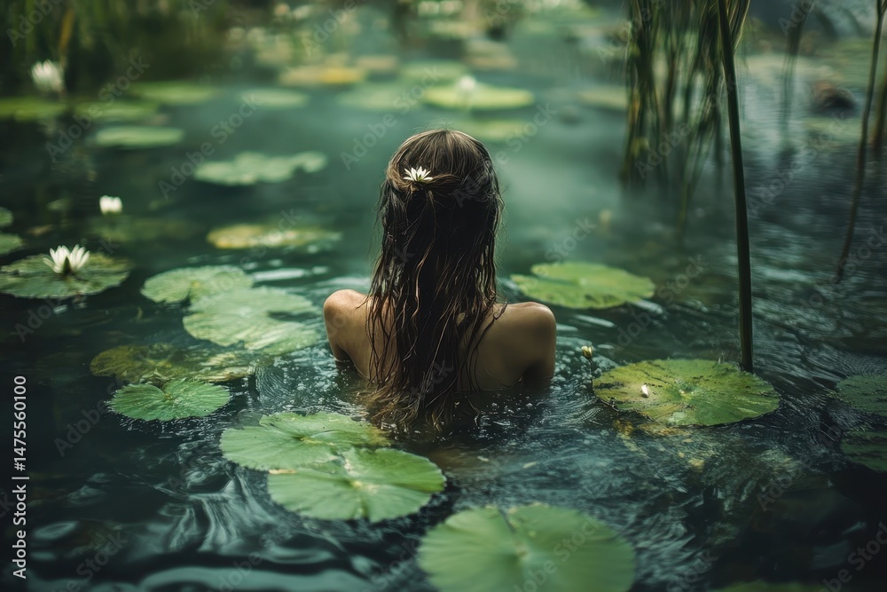 Fototapeta premium Woman enjoying a serene moment in a peaceful pond surrounded by lily pads and water lilies, Vidéo nature
