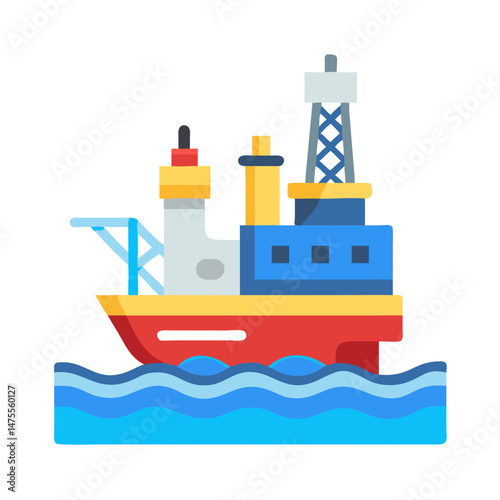 Offshore oil rig cartoon icon, ship on water